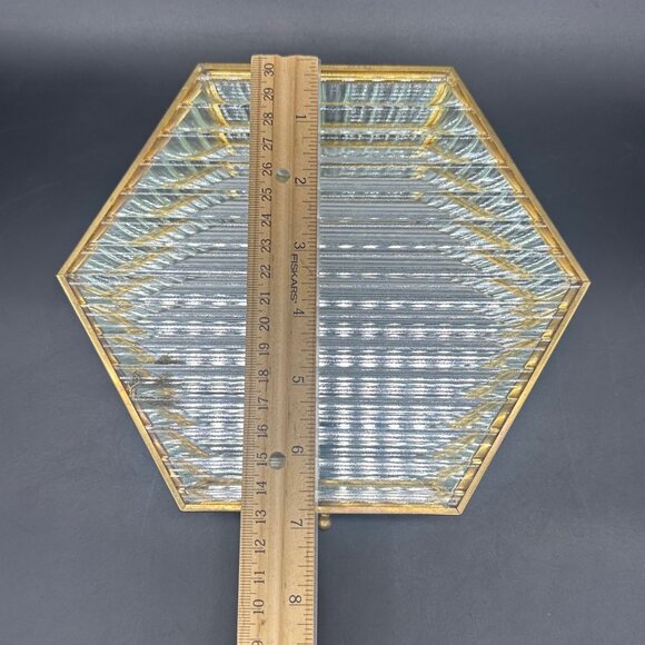 Vintage Jewelry Box Hexagon Ribbed Clear Glass Brass Hinged Top Mirrored Inside - Picture 9 of 11